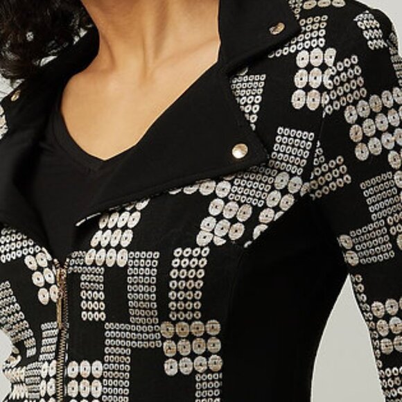 Joseph Ribkoff Printed Jacquard Jacket - Size 12 - Gold hardware moto jacket - Picture 10 of 12